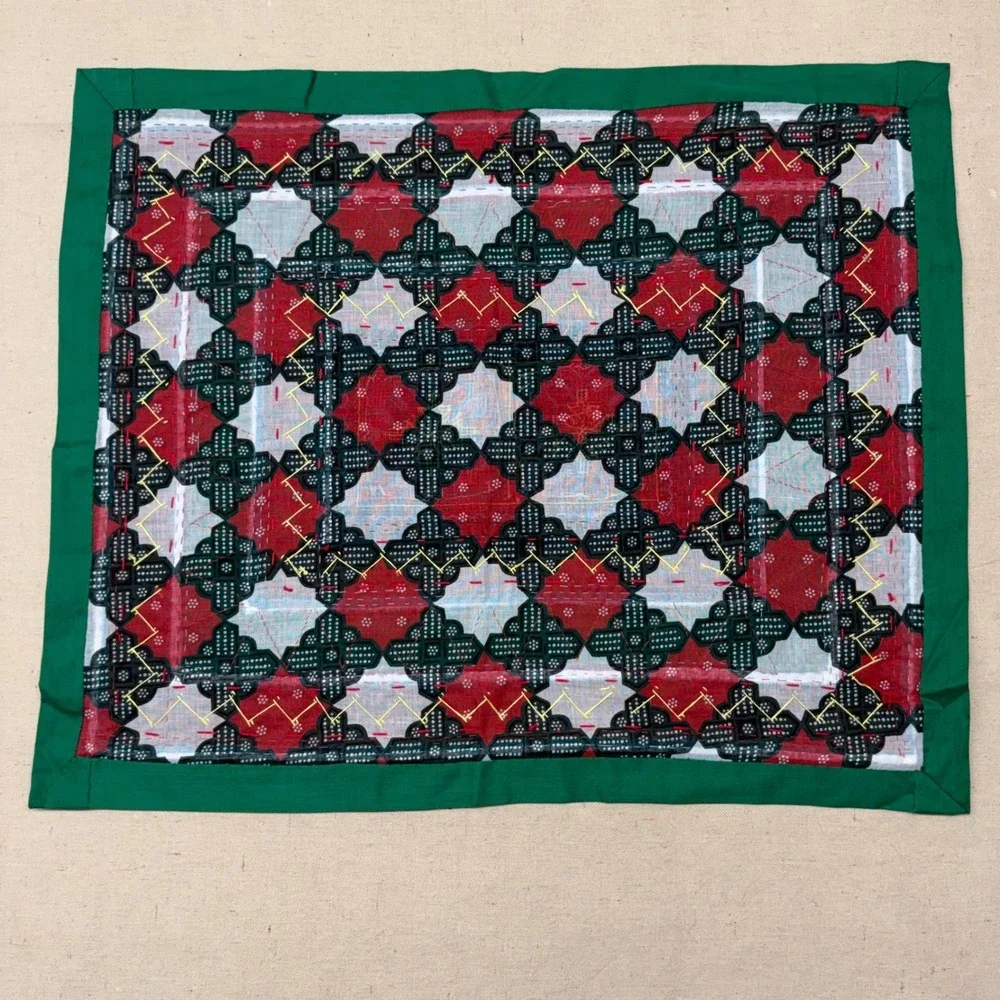 Hmong Paj Ntaub Hand Embroidered Textile Art Story Cloth Green Burgundy 23x18